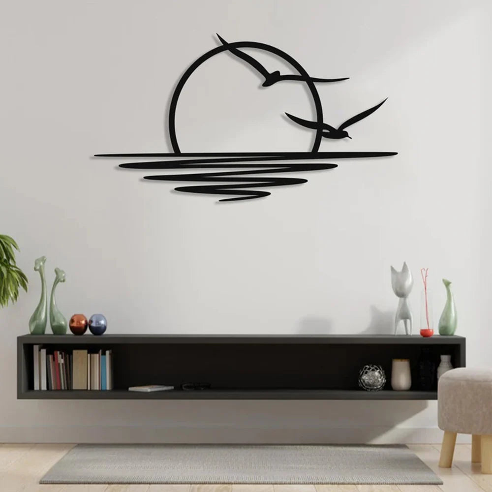 Flying Birds River Sunset Silhouette Art Wall Decor